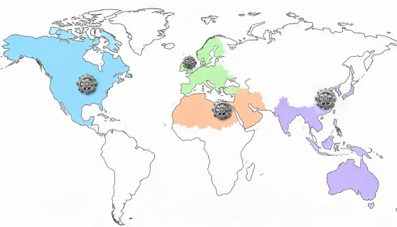 Map showing Caterpillar regional parts hubs