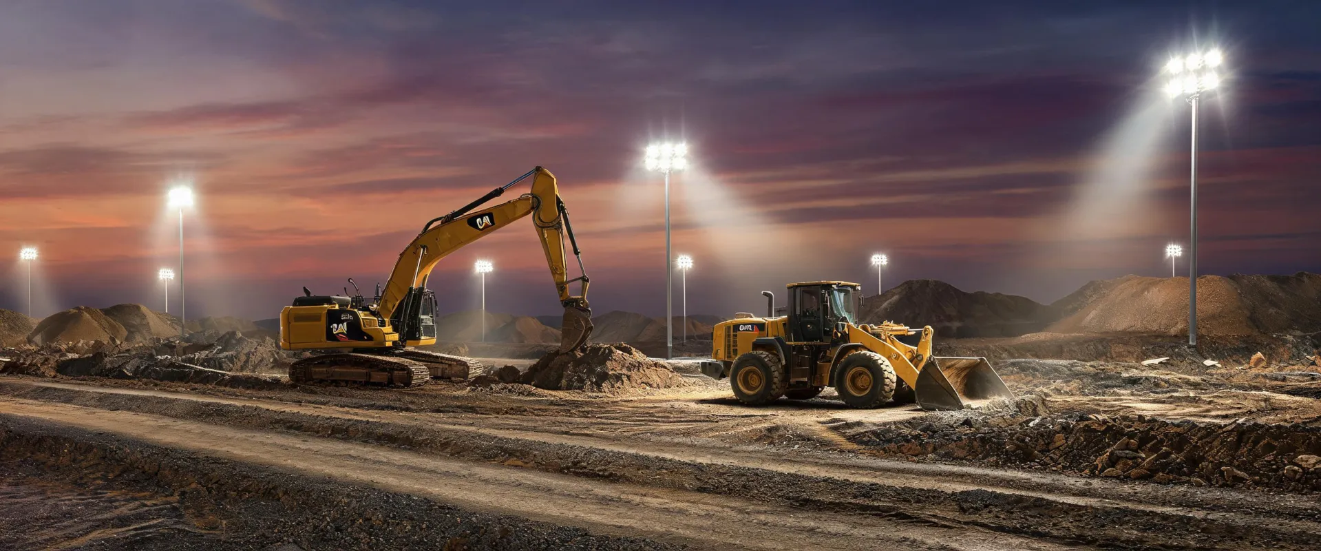 Night asphalt paving crew with excavator support fleet