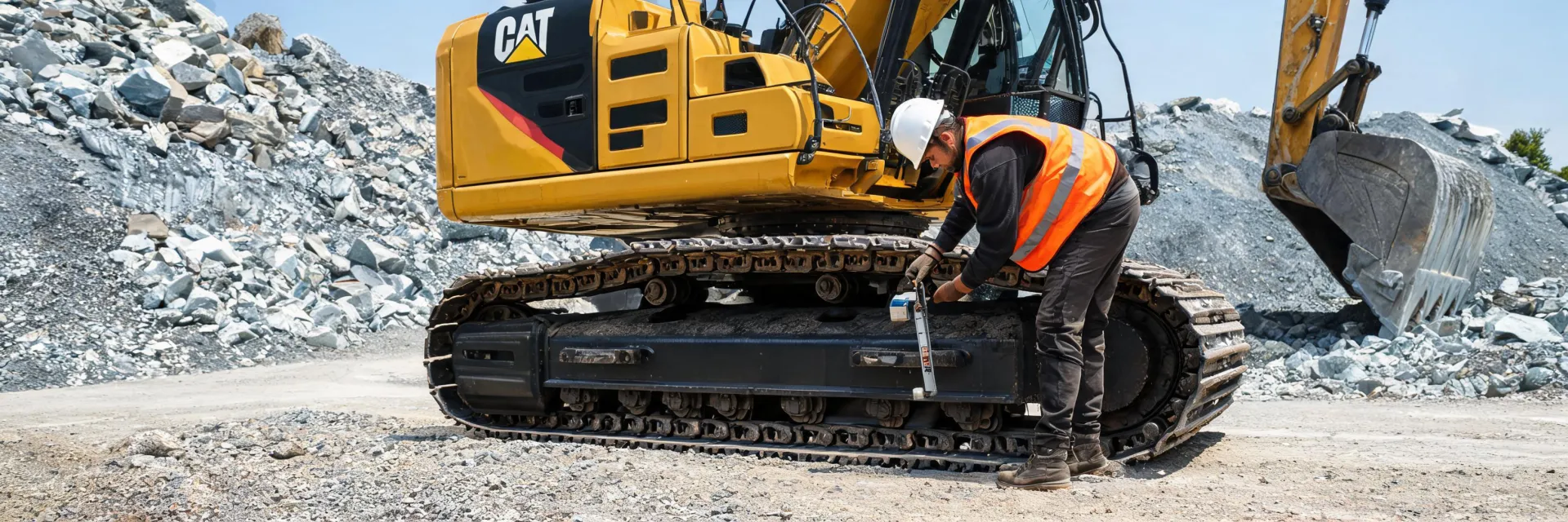 Field technician inspecting excavator undercarriage on haul road